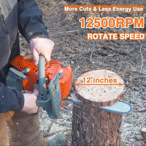 Gas Powered 26Cc 2 Cycle Top Handle Chainsaw With 12 Inch Bar cutting tree stump, showcasing anti vibration system and power RPM
