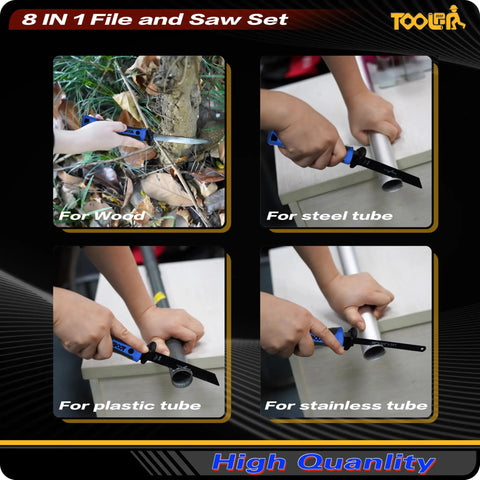 8-In-1 Adjustable Hand Saw With Quick Change Blades cutting wood, steel, plastic, and stainless tubes, non-slip blue handle