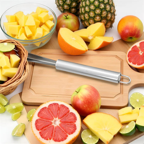 V Shaped Stainless Steel Pineapple Eye Cutter And Remover Tool For Home Kitchen on cutting board with assorted fruits