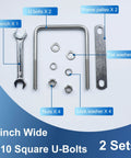 2 Pack M10 Square U Bolts 4 Inch Wide Stainless Steel Heavy Duty With Nuts, Bolt Plates And Washers, 3 Eighth Inch Thread, 4 W X 5 L U Bolt Kit For Rails, Fence, Trailer Chassis, Marine Use displayed with wrench and parts