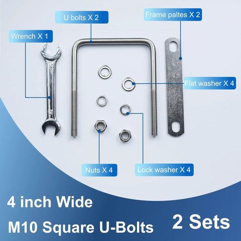 2 Pack M10 Square U Bolts 4 Inch Wide Stainless Steel Heavy Duty With Nuts, Bolt Plates And Washers, 3 Eighth Inch Thread, 4 W X 5 L U Bolt Kit For Rails, Fence, Trailer Chassis, Marine Use displayed with wrench and parts