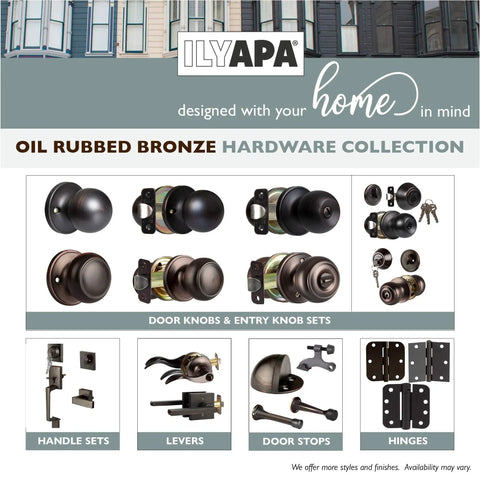 Assorted door hardware from the Oil Rubbed Bronze Collection, featuring knobs, levers, and hinges.