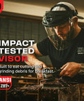 Built Ridiculously Tough Safety Faceshield For Grinding And Cutting With Clear Antifog Polycarbonate Visor Adjustable Headgear Ansi Z87 Certified Indoor And Outdoor Work Gear, impact tested visor in use during grinding.