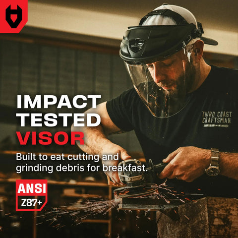 Built Ridiculously Tough Safety Faceshield For Grinding And Cutting With Clear Antifog Polycarbonate Visor Adjustable Headgear Ansi Z87 Certified Indoor And Outdoor Work Gear, impact tested visor in use during grinding.