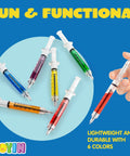 A hand holding a syringe pen from 36 Pack Syringe Pens Set With Retractable Tip In Multi Color Ink Red Black Blue.