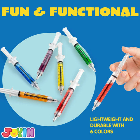 A hand holding a syringe pen from 36 Pack Syringe Pens Set With Retractable Tip In Multi Color Ink Red Black Blue.