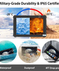 Badass Beat Proof And Road Ready 10.1 Inch Android 13 Rugged Tablet Industrial Grade Octa Core 8GB RAM 256GB Storage IP65 Waterproof Touchscreen showing ice and fire resistance.