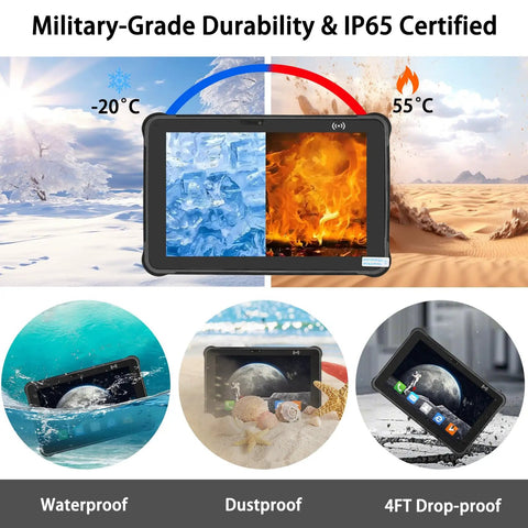 Badass Beat Proof And Road Ready 10.1 Inch Android 13 Rugged Tablet Industrial Grade Octa Core 8GB RAM 256GB Storage IP65 Waterproof Touchscreen showing ice and fire resistance.