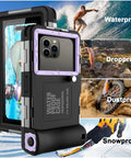Underwater Phone Case For Snorkeling And Diving 50 Feet Waterproof Protector For iPhone 17 16 Purple Black showing durability uses
