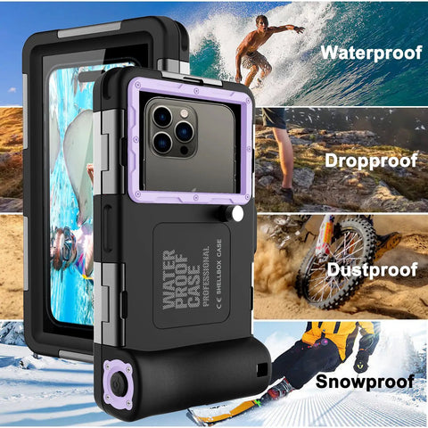 Underwater Phone Case For Snorkeling And Diving 50 Feet Waterproof Protector For iPhone 17 16 Purple Black showing durability uses
