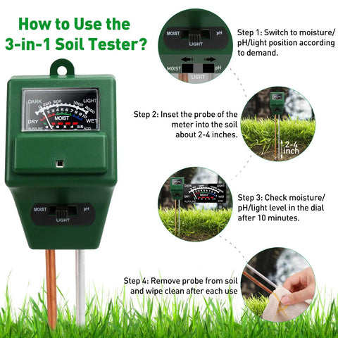 3 In 1 Soil Moisture PH And Light Meter For Indoor And Outdoor Plants Garden Lawn Farm Use Must Have Hygrometer Sensor, green meter in soil