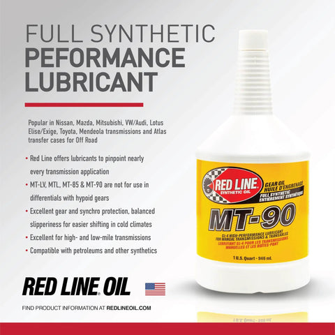 Red Line MT-90 75W-90 GL-4 Manual Transmission And Transaxle Lubricant, one-gallon bottle, synthetic lubricant for vehicles.