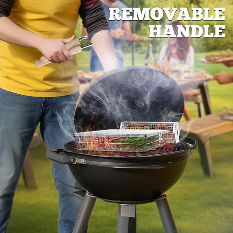 Man grilling with Removable Wooden Handle Grill Basket Set With 304 Stainless Steel Rolling BBQ Tools For Vegetables And Fish