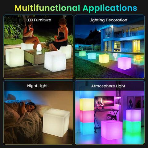 Rechargeable LED Cube Chair Light With Remote, 16 Inch Glow Cube Seat doubles as waterproof cube table for home and party decor