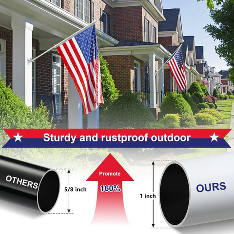 Flag Pole Kit For Home Exterior With 3x5 Embroidered US Flag displayed on porch with aluminum bracket showing pole size comparison.