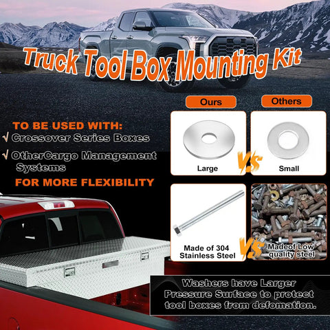 Truck with toolbox showing Beefy Heavy Duty Aluminum Truck Tool Box Mounting Kit With Lock Nuts Universal Bed Toolbox Tie Downs And Organizer Reduces Vibration And Noise On Rough Roads Blue features.