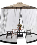 Universal Canopy Mosquito Net With Zipper Door And Adjustable Rope For Outdoor Umbrellas And Patio Tables Fits Seven Point Five To Eleven Feet Round Or Eight Foot Square Canopies Black installed over a patio umbrella