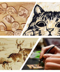 Collage of wood burning art created with 110 Piece Wood Burning Kit With Pro Wood Burning Pen, Adjustable Temperature From 200 To 420 C
