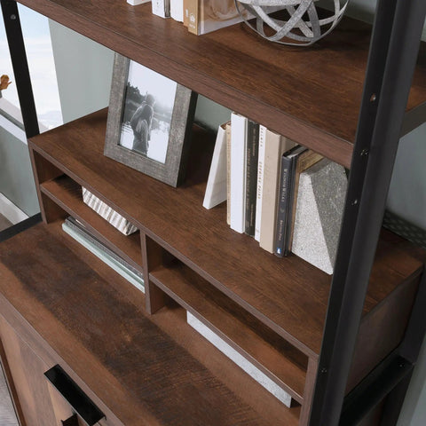 Adjustable Shelf Library Hutch Space Saver brown industrial style desk organizer with cubby compartments and shelves