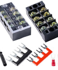 High Voltage Screw Terminal Block Kit Two Sets Four Position Dual Row 600V 25A With Cover And Pre Insulated Barriers Includes Insulated Fork Wire Connectors For Secure Rock Solid Electrical Connections, 4-position black plastic terminals