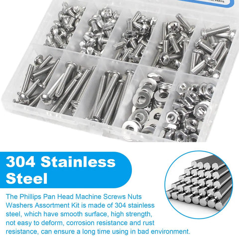 8-32 Phillips Pan Head Machine Screws Nuts Washers Set In 304 Stainless Steel Coarse Full Thread 200-Piece Assortment in storage box