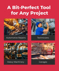Collage of a 1 Inch 13 In 1 Ratcheting Automotive Driver Bit Set usage in automotive repairs, technician work, heavy machinery, garages.