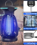 Outdoor Bug Zapper With 4200V High Voltage Insect Killer Waterproof LED Light For Mosquitoes Flies And Gnats Perfect For Patio Backyard Porch Garage And Indoor Outdoor Home Use, close-up view with UV light and electric grid at night on table