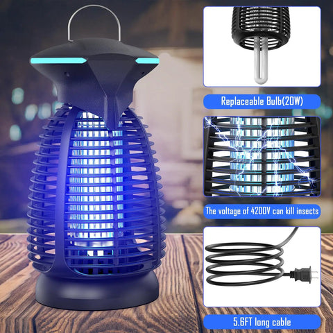 Outdoor Bug Zapper With 4200V High Voltage Insect Killer Waterproof LED Light For Mosquitoes Flies And Gnats Perfect For Patio Backyard Porch Garage And Indoor Outdoor Home Use, close-up view with UV light and electric grid at night on table