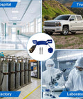 2 Pack Propane Tank Holder And Wall Mount Bracket With Secure Ratchet Strap Design Beefy Steel Wall Mount For Oxygen Nitrogen And Expansion Gas Cylinders Keeps Tanks Safe And Neatly Secured In Small Spaces Blue, shown with hospital, factory, laboratory settings.