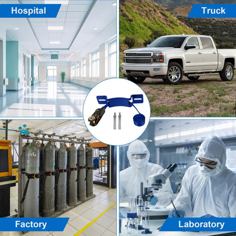 2 Pack Propane Tank Holder And Wall Mount Bracket With Secure Ratchet Strap Design Beefy Steel Wall Mount For Oxygen Nitrogen And Expansion Gas Cylinders Keeps Tanks Safe And Neatly Secured In Small Spaces Blue, shown with hospital, factory, laboratory settings.