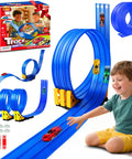 Child playing with 3 Lane Flexible Race Track For Kids With 15ft Bendable Ramp And Suction Cups Portable Roll Up Car Track Set