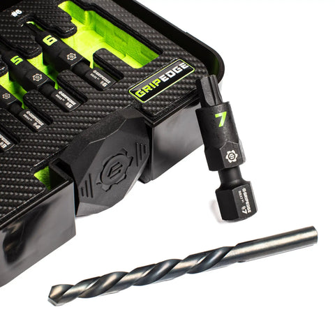 14 Piece G-FORS Extractor Set With Left Hand Drill Bits, Grips 100 Percent Of Rounded Fasteners, foam case visible