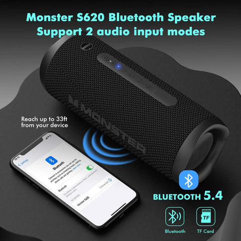 60W Outdoor Bluetooth Speaker With IPX8 Waterproof, Dual Pairing, shown with Bluetooth 5.4 connectivity next to a smartphone.