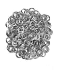 Front view: pile of silver metal grommets with washers, 3/8 inch (10 mm)