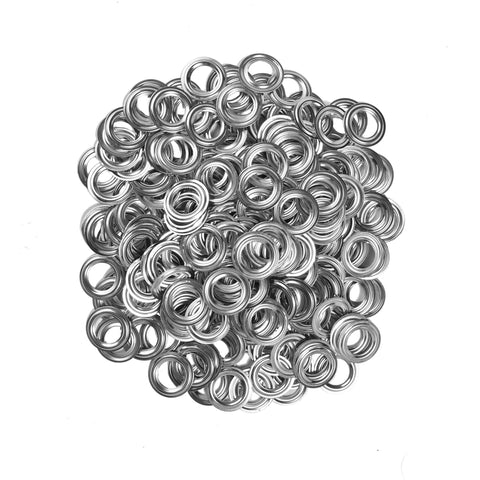 Front view: pile of silver metal grommets with washers, 3/8 inch (10 mm)