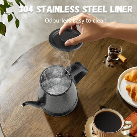 Electric Kettle With 1L Capacity And Gooseneck Spout, 1000W Quick Boil In 3 Minutes, 304 Stainless Steel Tea And Pour Over Coffee Kettle For Office Travel Kitchen, Auto Shut Off, BPA Free, Black Star Design on table with coffee and croissants
