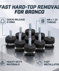 Premium Grade No Sweat Quick Swap Thumb Screws For Bronco Hardtop, M8 1.25 thread, heavy-duty black bolts on display.