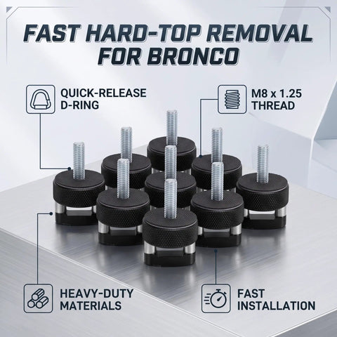 Premium Grade No Sweat Quick Swap Thumb Screws For Bronco Hardtop, M8 1.25 thread, heavy-duty black bolts on display.