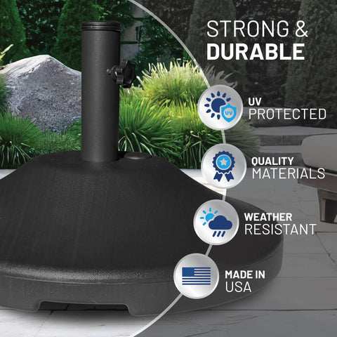 Fillable Weighted Round Umbrella Base For Patio Tables Heavy Duty Weatherproof Stand With 18 Inch Diameter And 11.5 Inch Tall Steel Stem Fits Poles