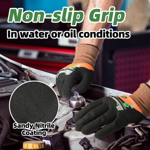 ANSI A6 Cut Resistant Work Gloves With Three Quarters Nitrile Coating Built Tough For Woodworking Metal Cutting Glass Handling And Construction Touchscreen Ready Size Large One Pair shown gripping automotive tool