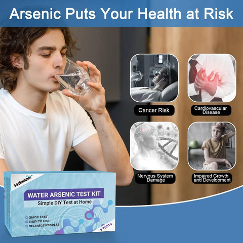 Arsenic Water Test Kit With 5 Tests For Drinking Well And Tank Water Ranges Up To 500 Ppb Or 0.5 Ppm being used by a person drinking water.