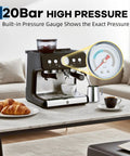 Top Shelf Stainless Steel Espresso Maker Featuring Built In Grinder And 20 Bar Pressure With Custom Shot Dial Plus Quick Steam Wand for coffee setup.