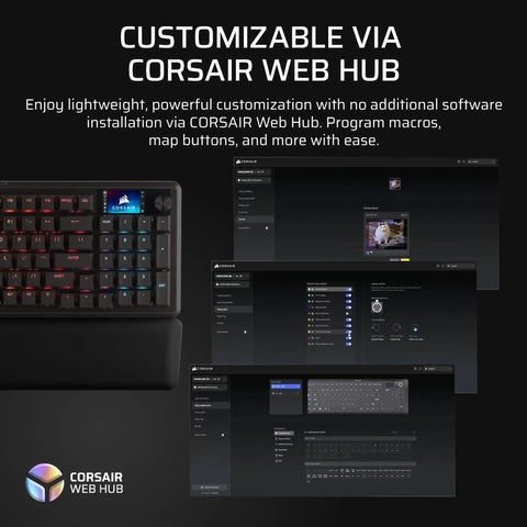 96 Percent Compact Mechanical Gaming Keyboard With Smooth Linear Switches That Hit Different Combined With A Built In LCD Stream Deck Rotary Knob And Dedicated Macro Buttons For Players Who Mean Business On The Battlefield showcasing Corsair Web Hub customization options.