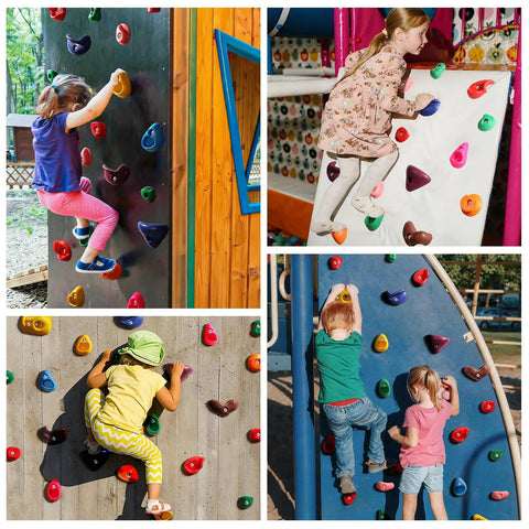 Children using 32 Piece Rock Climbing Holds Set For Kids And Adults, Kid Friendly Colorful Plastic Wall Grips in playground.