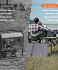 Comparison of gas generator with harmful features to Go Anywhere 512Wh LiFePO4 Portable Power Station With 500W Continuous Power And 1000W Peak, 2 AC Outlets, Solar Generator For Camping, Outdoors, And Power Outages used by a couple outdoors.