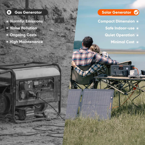 Comparison of gas generator with harmful features to Go Anywhere 512Wh LiFePO4 Portable Power Station With 500W Continuous Power And 1000W Peak, 2 AC Outlets, Solar Generator For Camping, Outdoors, And Power Outages used by a couple outdoors.