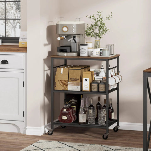 Smooth Rolling 3 Tier Kitchen Microwave Cart Sturdy Steel Build Easy Glide Casters with coffee station and storage.