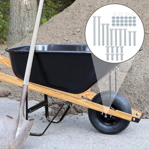 Built Tough As Nails Wheelbarrow Handle Nut And Bolt Replacement Kit Packing 18 Piece Carbon Steel Galvanized Carriage Bolts shown with wheelbarrow.