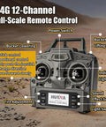 Remote control for Heavy Duty RC Dump Truck 1 14 Scale, 12 Channel 4WD with switches labeled for joystick and functions.