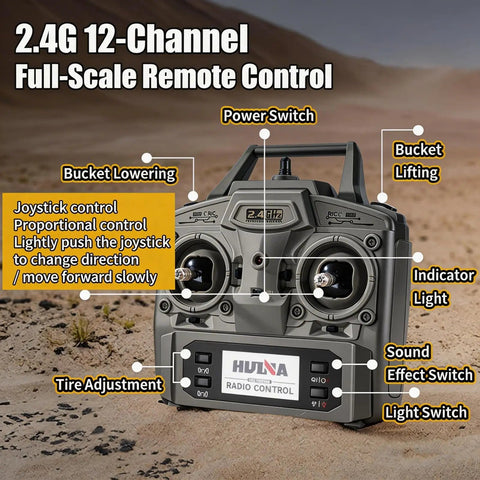 Remote control for Heavy Duty RC Dump Truck 1 14 Scale, 12 Channel 4WD with switches labeled for joystick and functions.